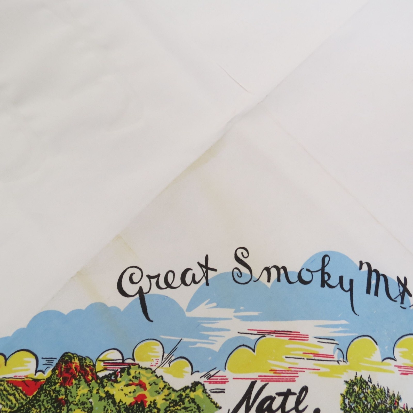 VINTAGE Great Smoky Mountains National Park Souvenir Scarf White Square Fabric