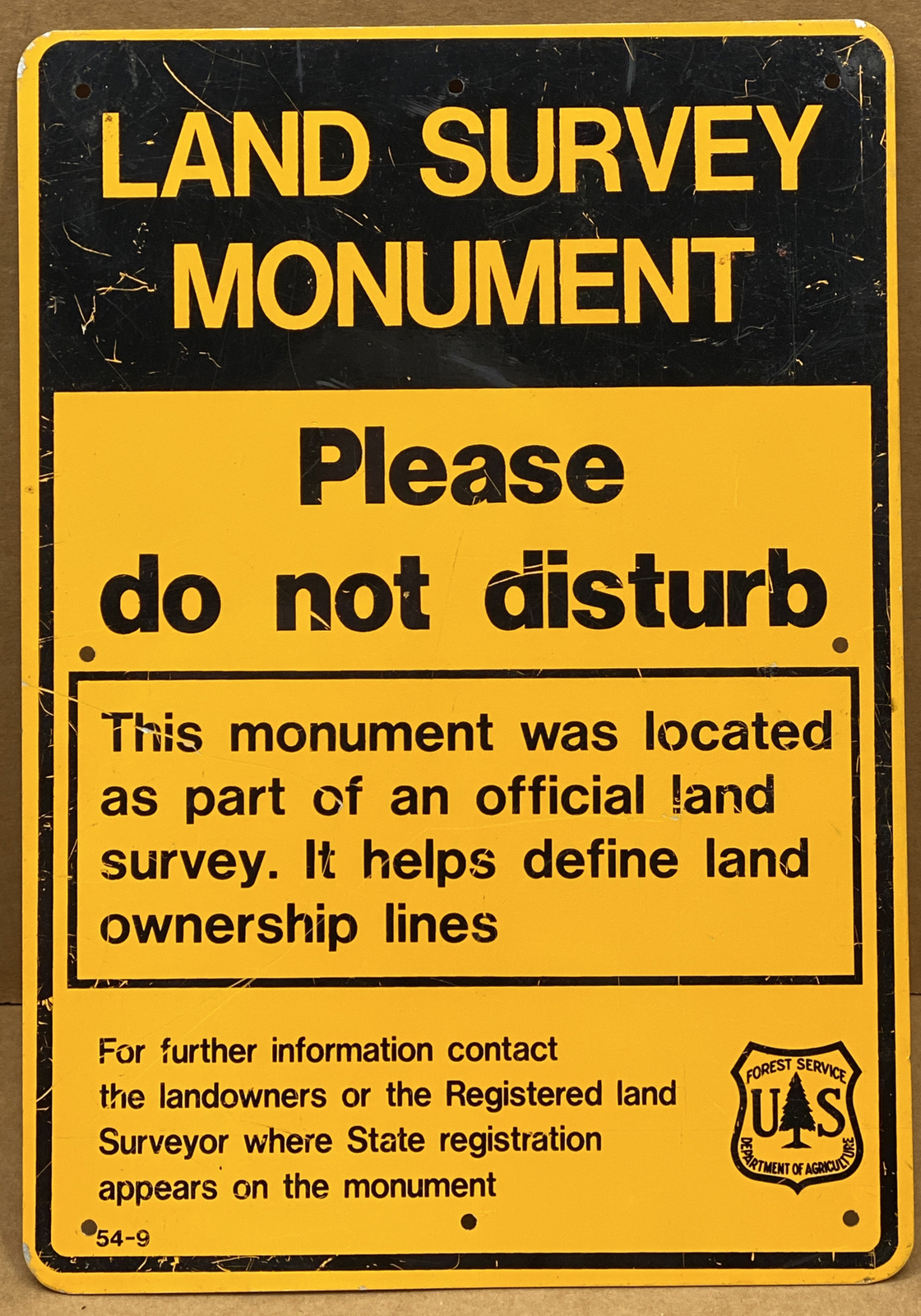 VINTAGE 1954 SIGN US FOREST SERVICE DEPARTMENT LAND SURVEY MONUMENT 10”x 7”