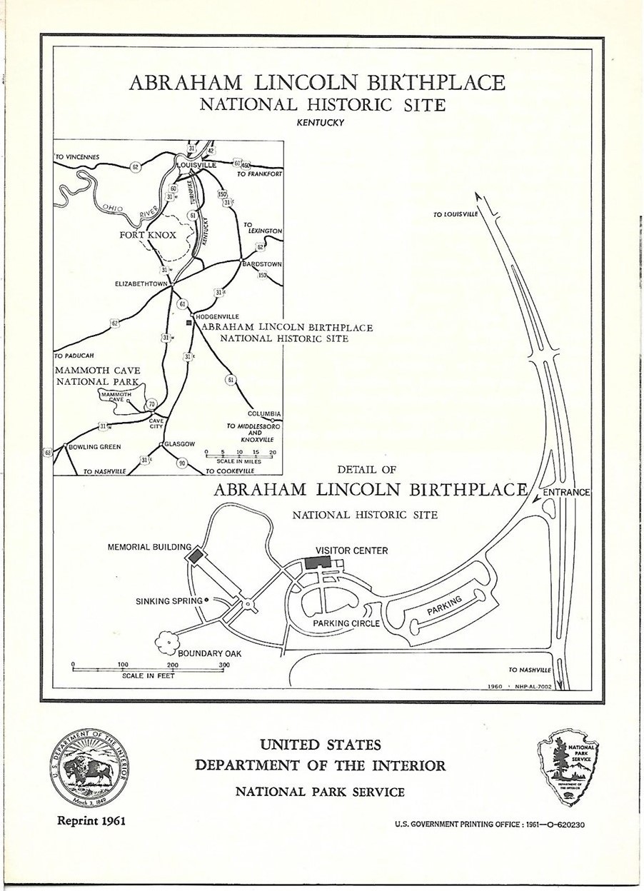 1961 Map Brochure ABRAHAM LINCOLN BIRTHPLACE National Historic Site Kentucky