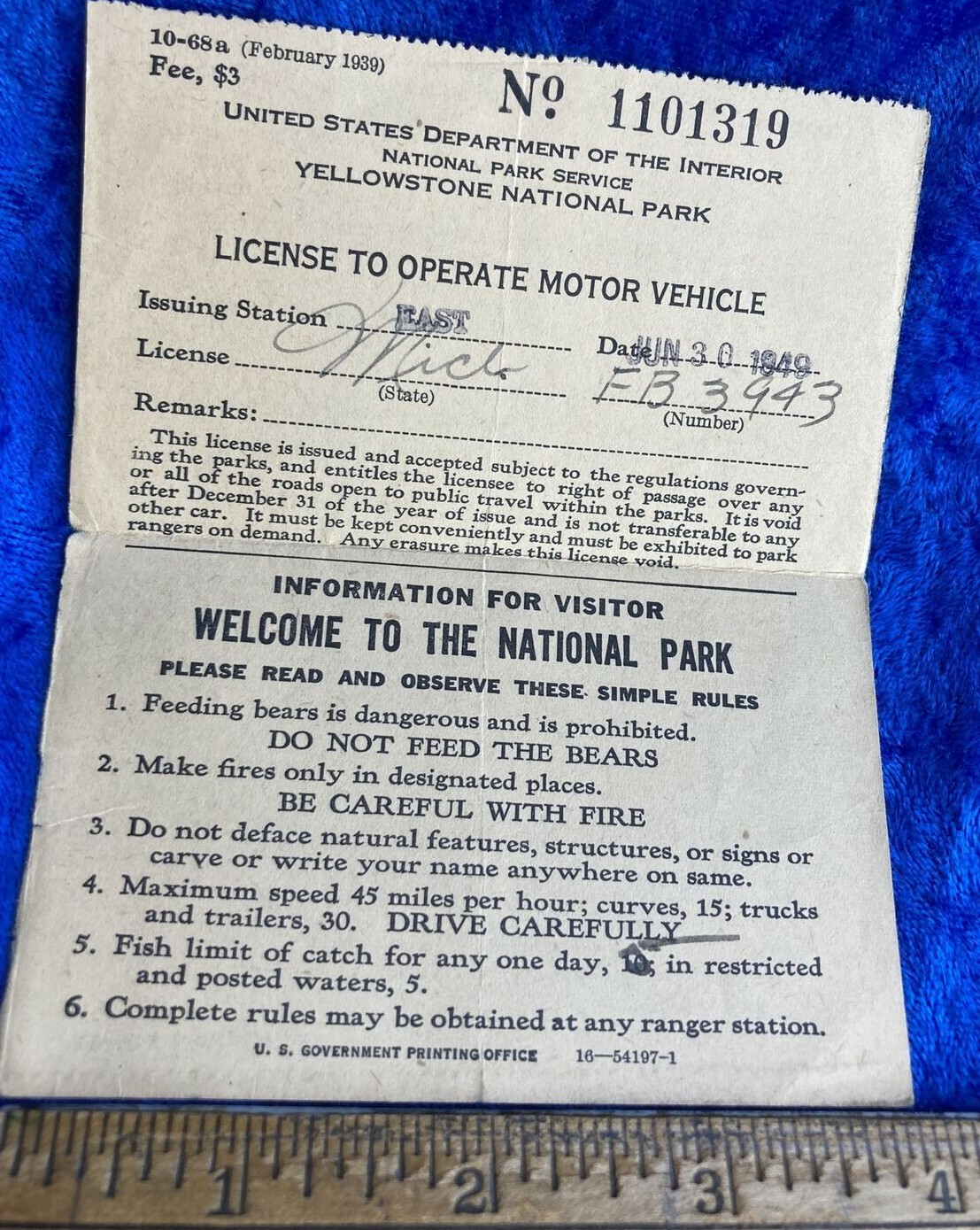 1949 YELLOWSTONE National Park Service Visitor Auto Motor Vehicle License Pass