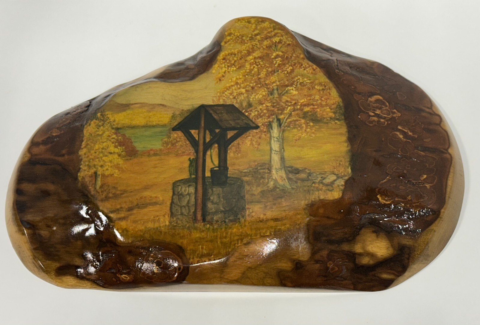Vtg Oregon Myrtlewood signed painting wellhouse scene glazed 9 1/2″ x 14 1/4