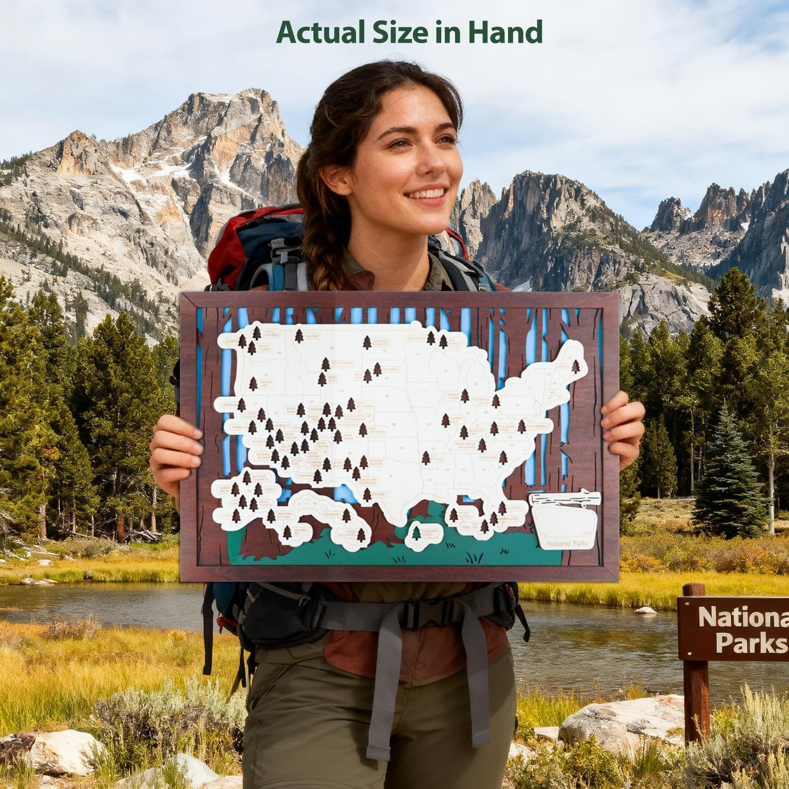 Wooden US National Parks Map Travel Tracker – 3-Layer 16.5 x 11″, Brown