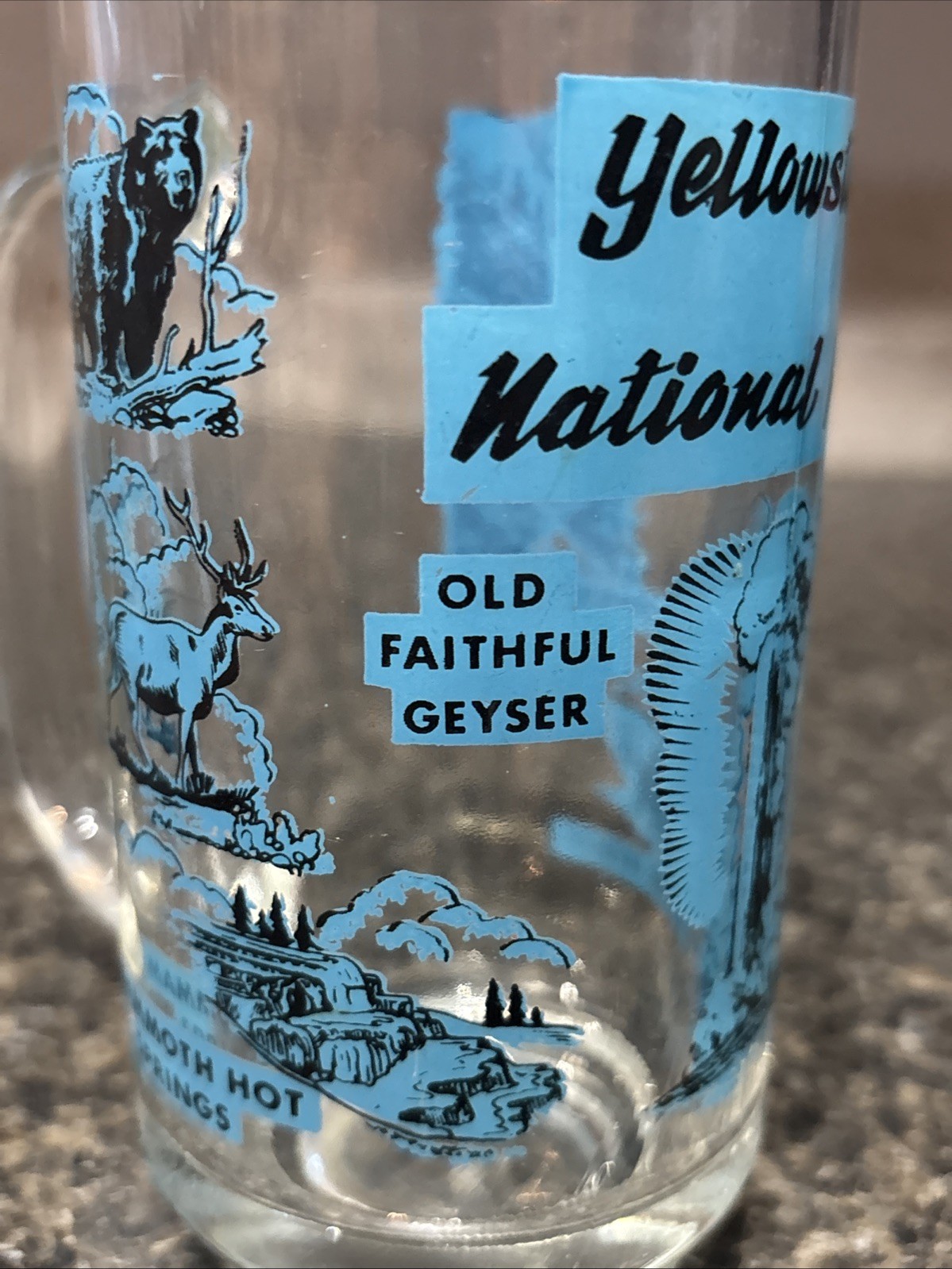 Vintage Blue and Black Yellowstone National Park Old Faithful Glass Mug souvenir