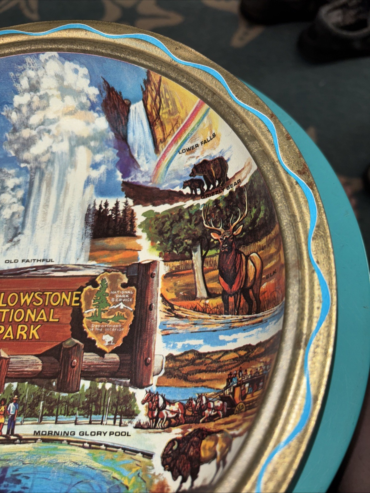 Vintage 1960’s Yellowstone National Park Metal Tin Serving Bowl Artist Ken Haag