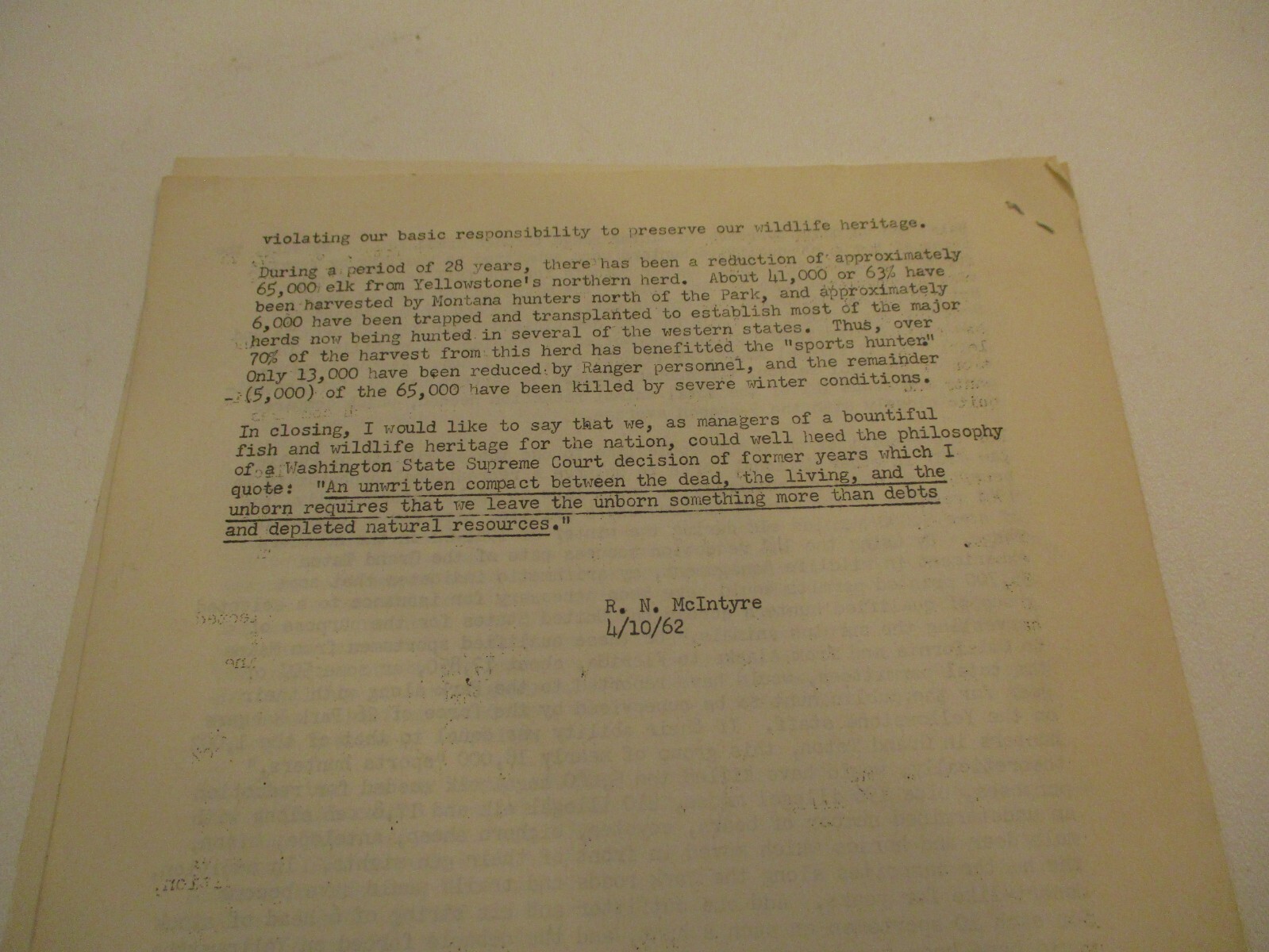 1962 Public Sport Hunting Yellowstone National Park Essay Speech Robert McIntyre