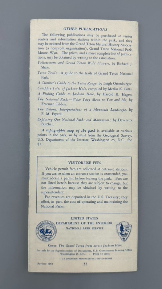 1962 GRAND TETON National Park Service Travel BROCHURE Wyoming