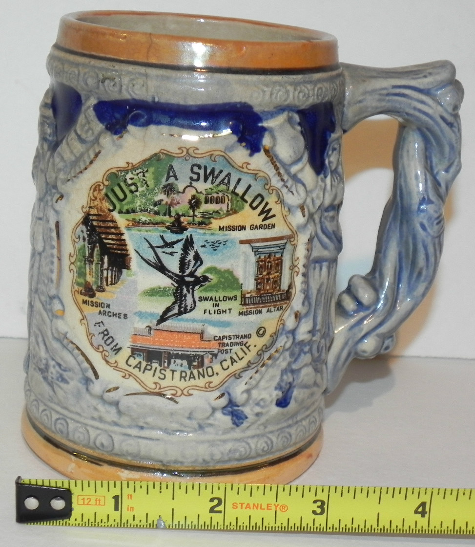 VINTAGE CAPISTRANO, CALIF. JUST A SWALLOW SOUVENIR BEER STEIN – MADE IN JAPAN?