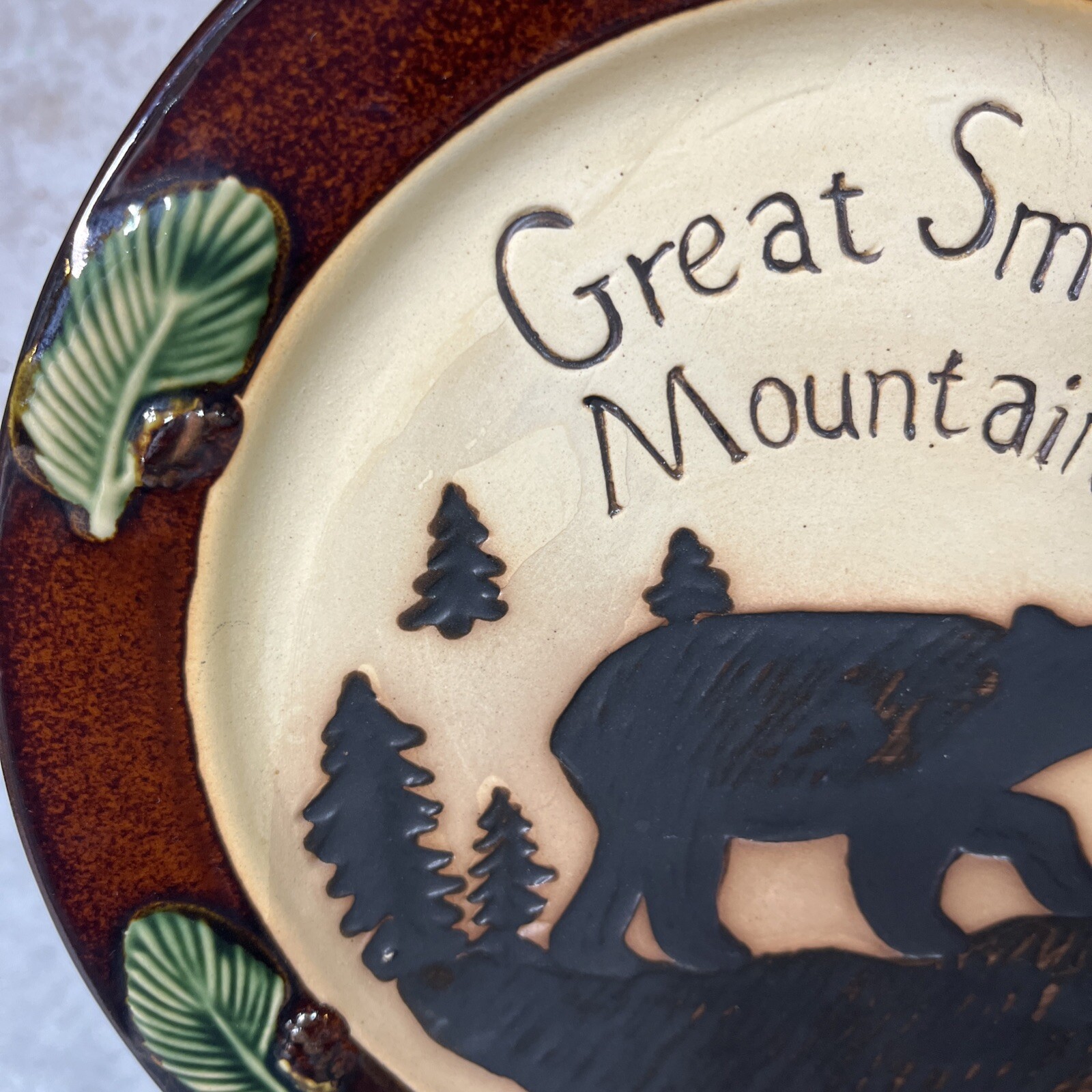 VTG Rustic Great Smoky Mountains Souvenir Plate Trinket Tray Bears Pine Trees 8”