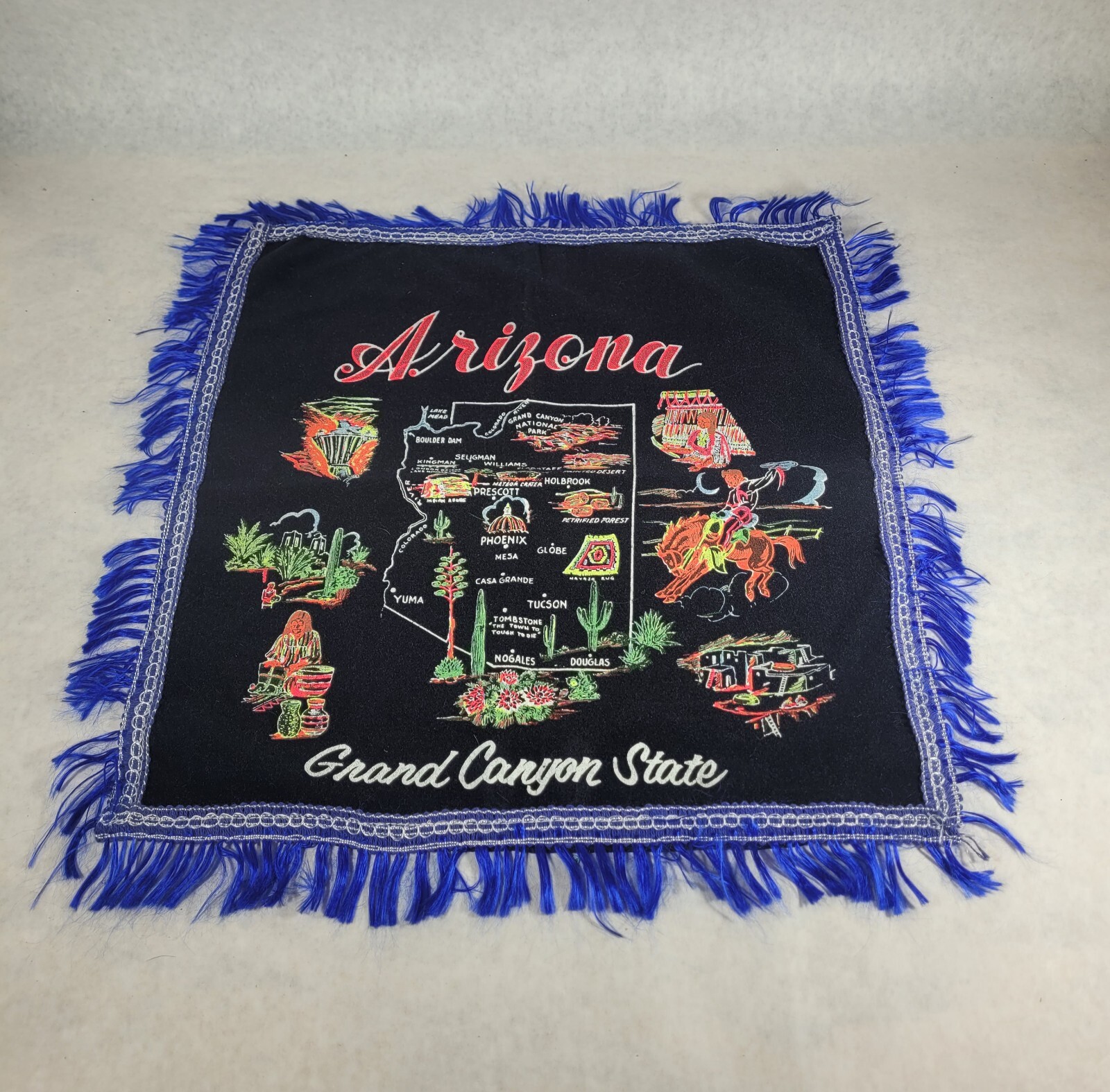 Vintage Arizona Grand Canyon Black Fabric Souvenir Pillowcase Gold Fringe 17″