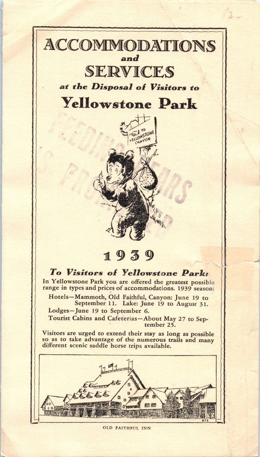 1939 Souvenir Yellowstone National Park Wyoming Travel Brochure Info & Map