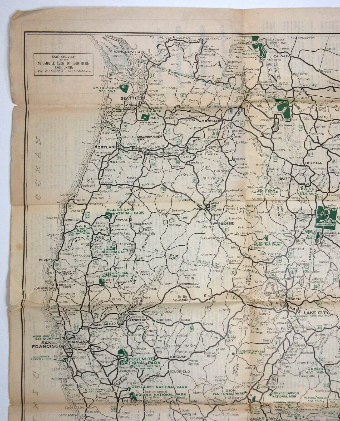 Vintage Yosemite Yellowstone Grand Canyon Map So Cal Auto Club Los Angeles 1930s