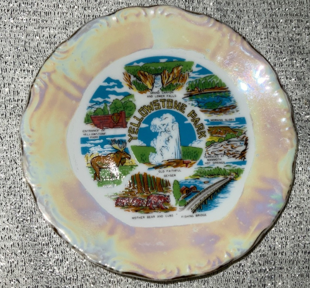 Yellowstone Park Souvenir Plate 4.5″ Old Faithful Geyser Opalescent