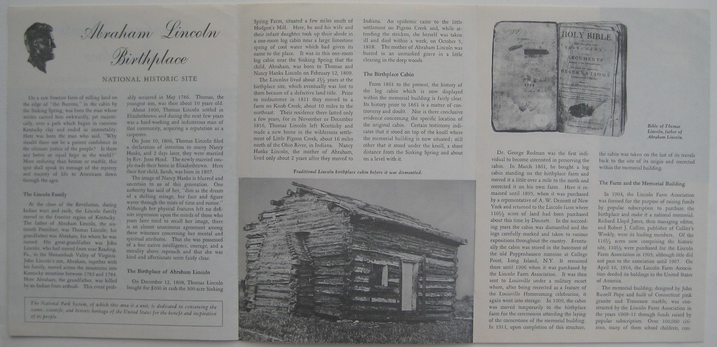 1961 Map Brochure ABRAHAM LINCOLN BIRTHPLACE National Historic Site Kentucky