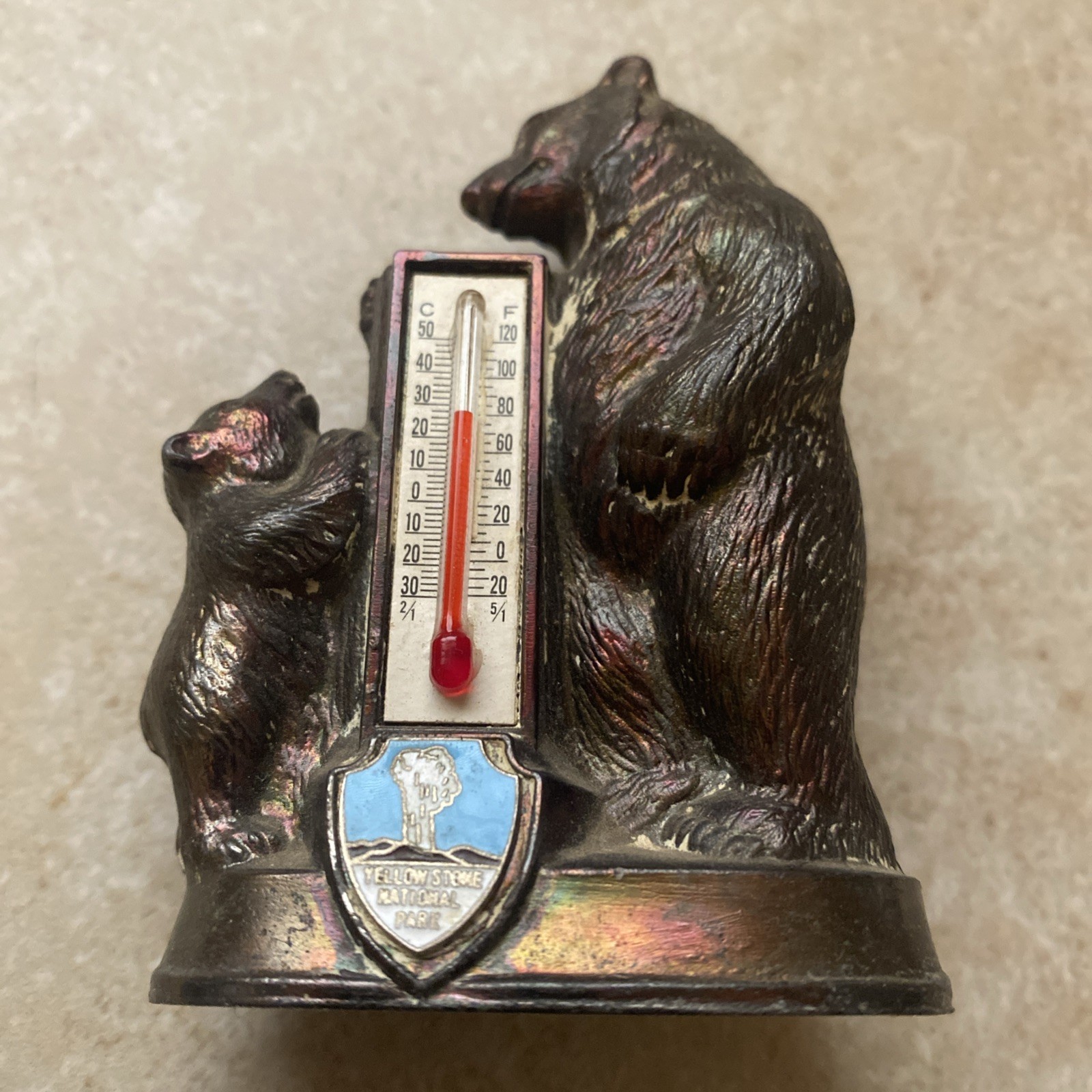Yellowstone Park Vintage Souvenir Bear & Cub Thermometer 4″ Heavy Metal