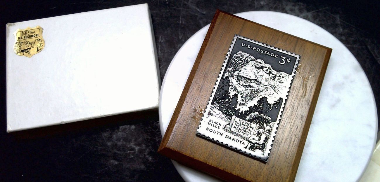 1952 Mount Rushmore National Memorial Stamp Design Vintage Wooden Souvenir