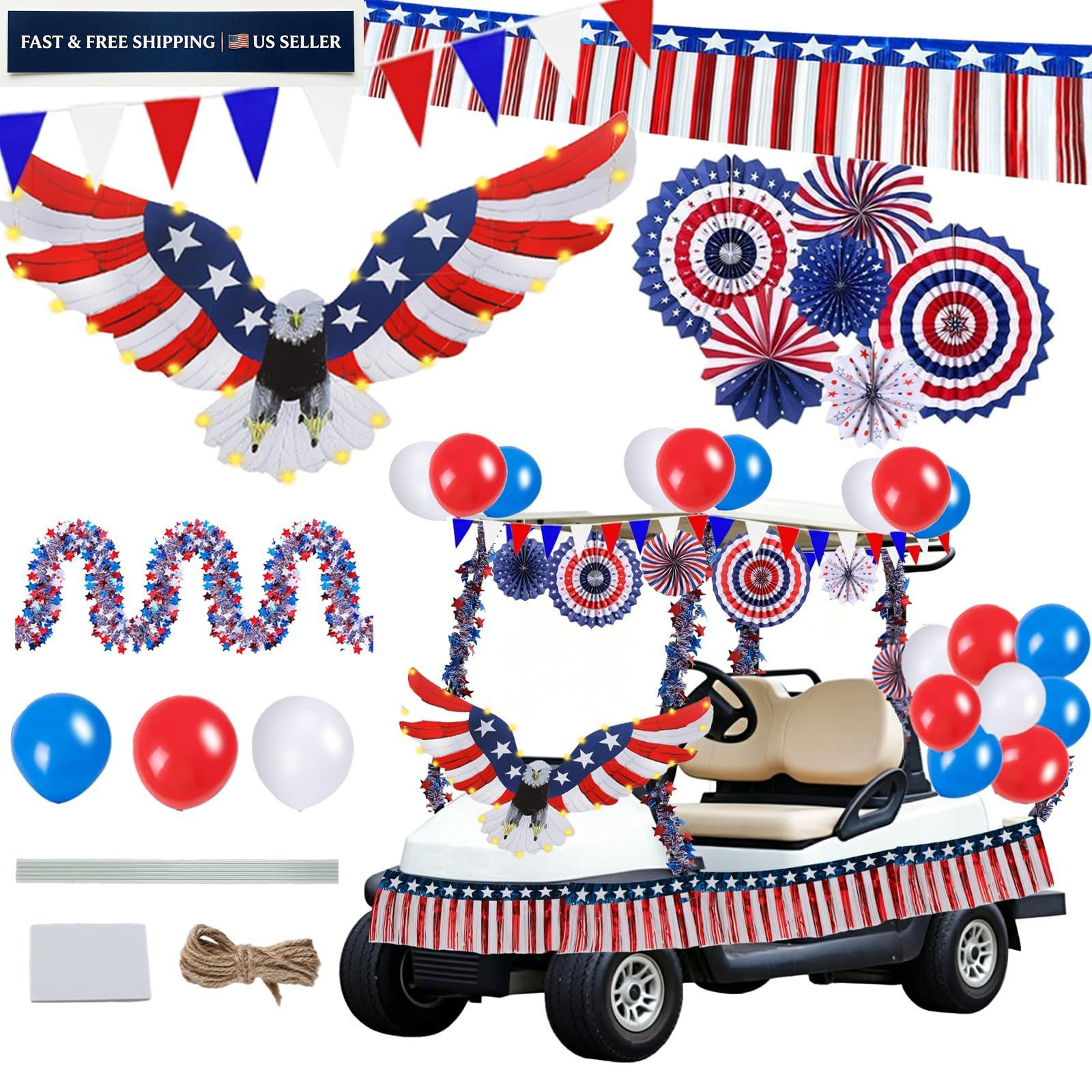 Nalanzhou 4th of July Golf Cart Decorations Kit, 250th Red, Blue and White