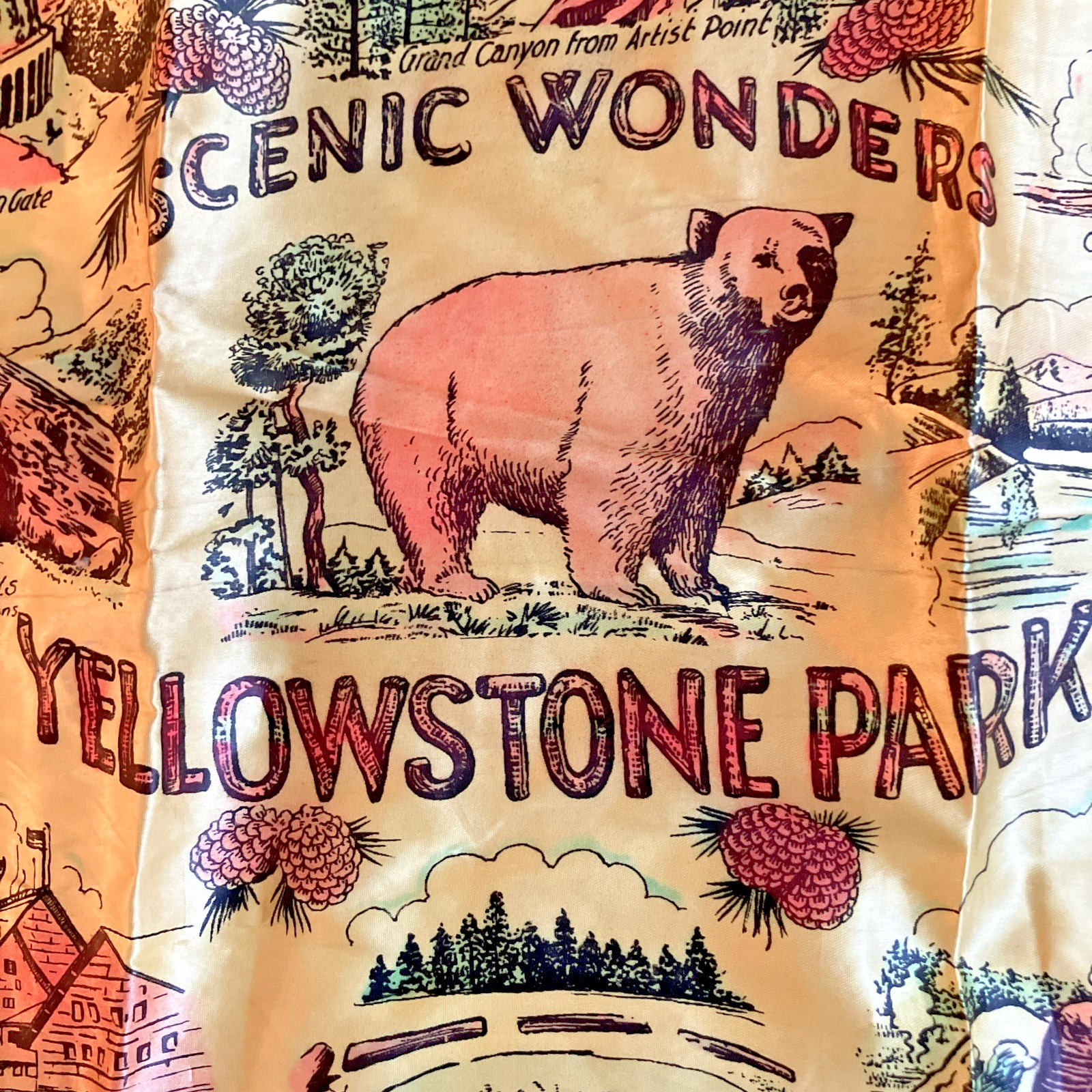 Vintage Yellow Yellowstone Park Scenic Wonders Souvenir Silk Pillow Sham