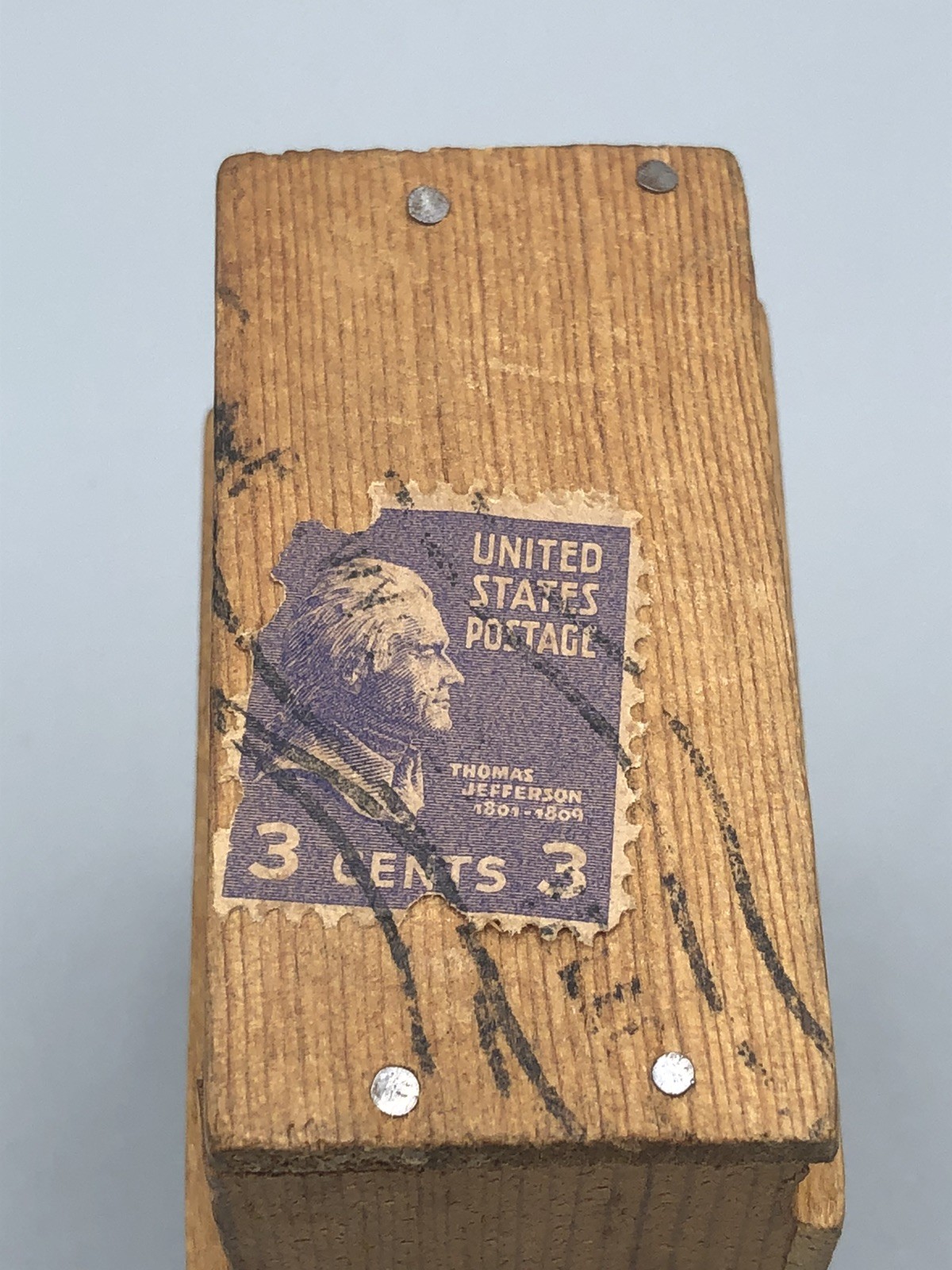Good Luck Bear in Wood Crate Souvenir Yellowstone Park w/ Thomas Jefferson Stamp