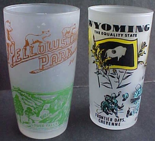 Vintage Yellowstone National Park & Wyoming Old Faithful Tetons Frosted Glass