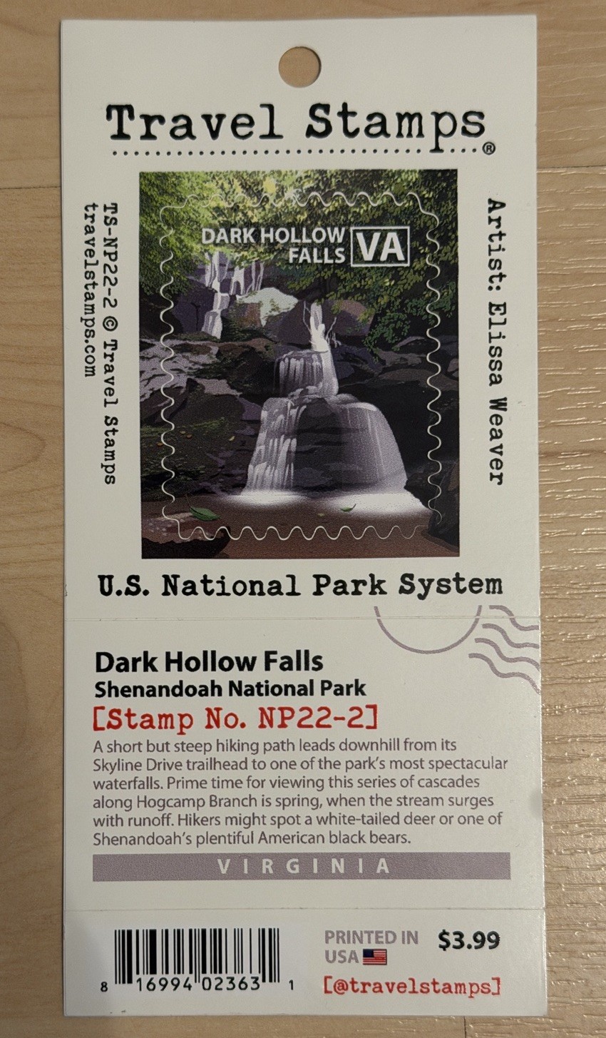 NEW TRAVEL STAMPS NP22-02 SHENANDOAH NATIONAL PARK DARK HALLOW FALLS STICKER