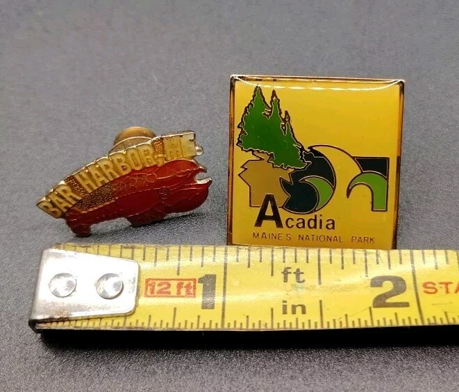2 VINTAGE ACADIA NATIONAL PARK & BAR HARBOR Lobster MAINE PIN Pinback