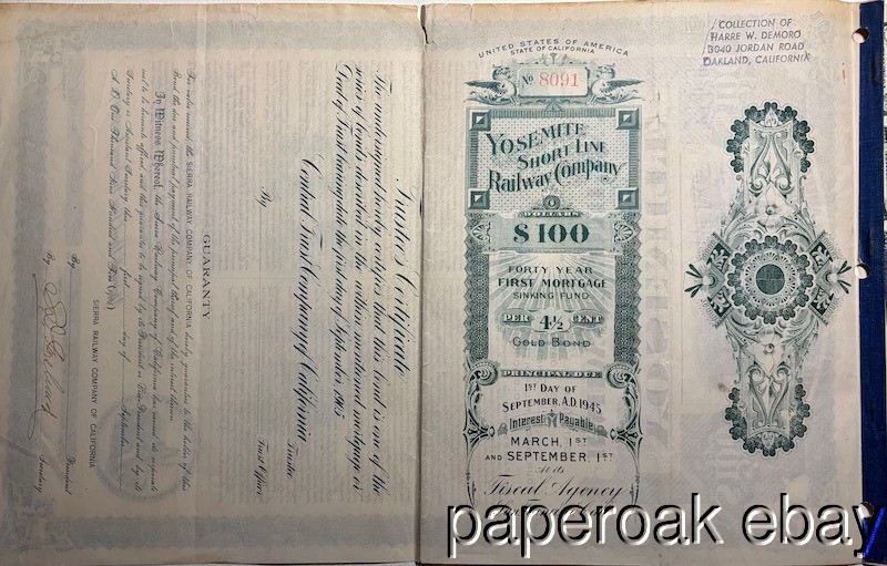 Original 1905 Yosemite Short Line Railway Company Bond
