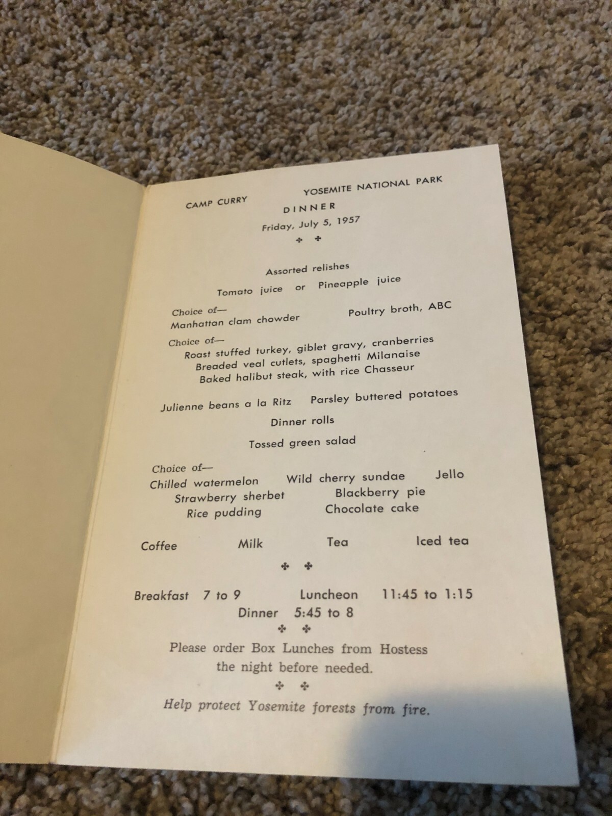 1957 Camp Curry Yosemite Dinner Menu showing Vernal Falls