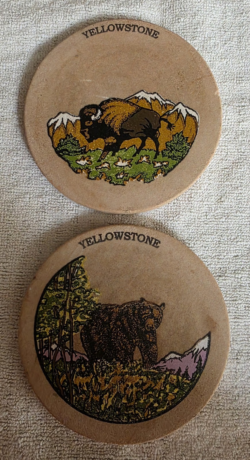 Set Of 2 Round Yellowstone National Park Bear & Bison Sandstone Coasters 4″