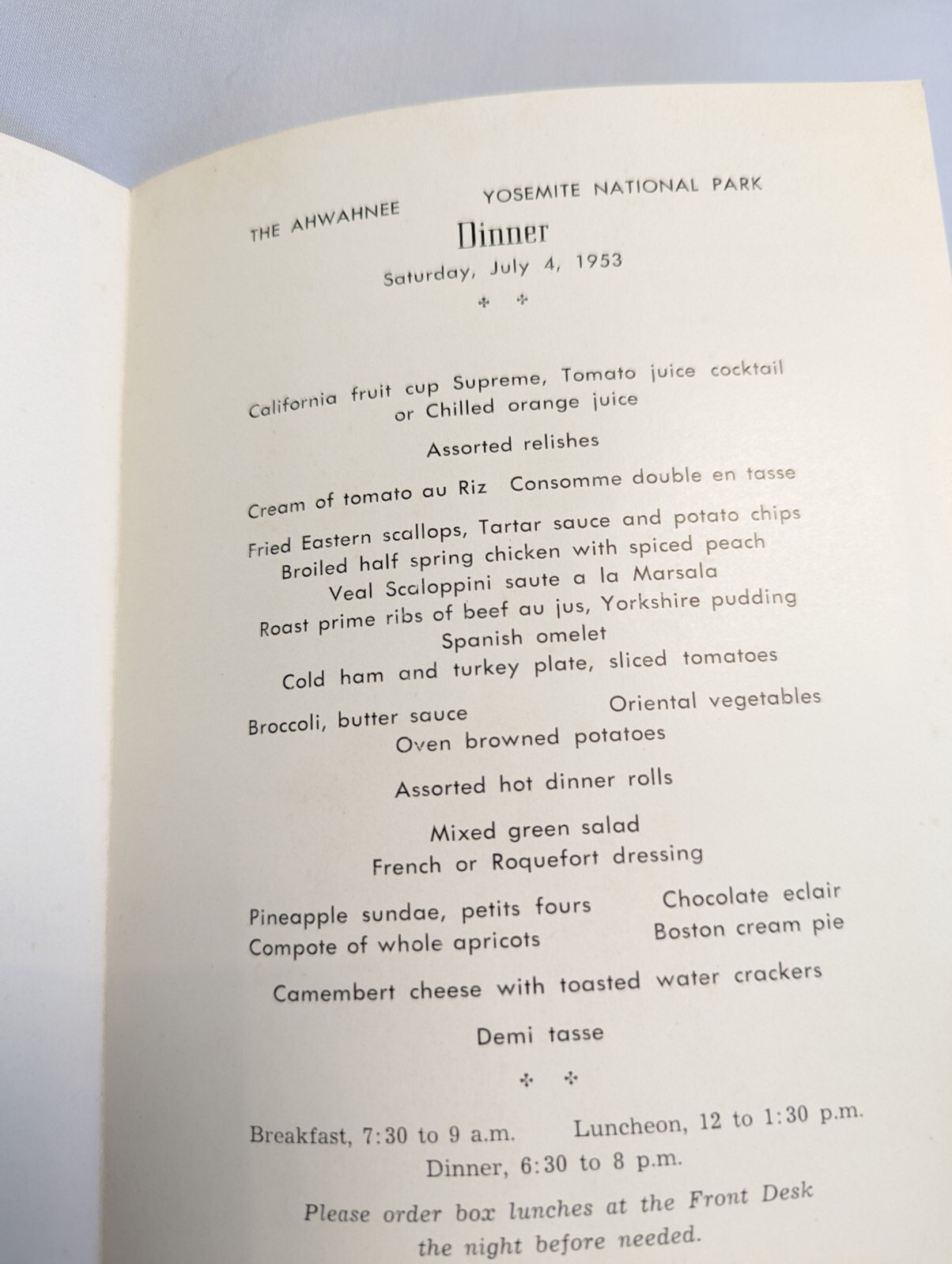 YOSEMITE AHWAHNEE MENU Jul 4 53 5.5×8.5″ Ansel Adams Mariposa Grove