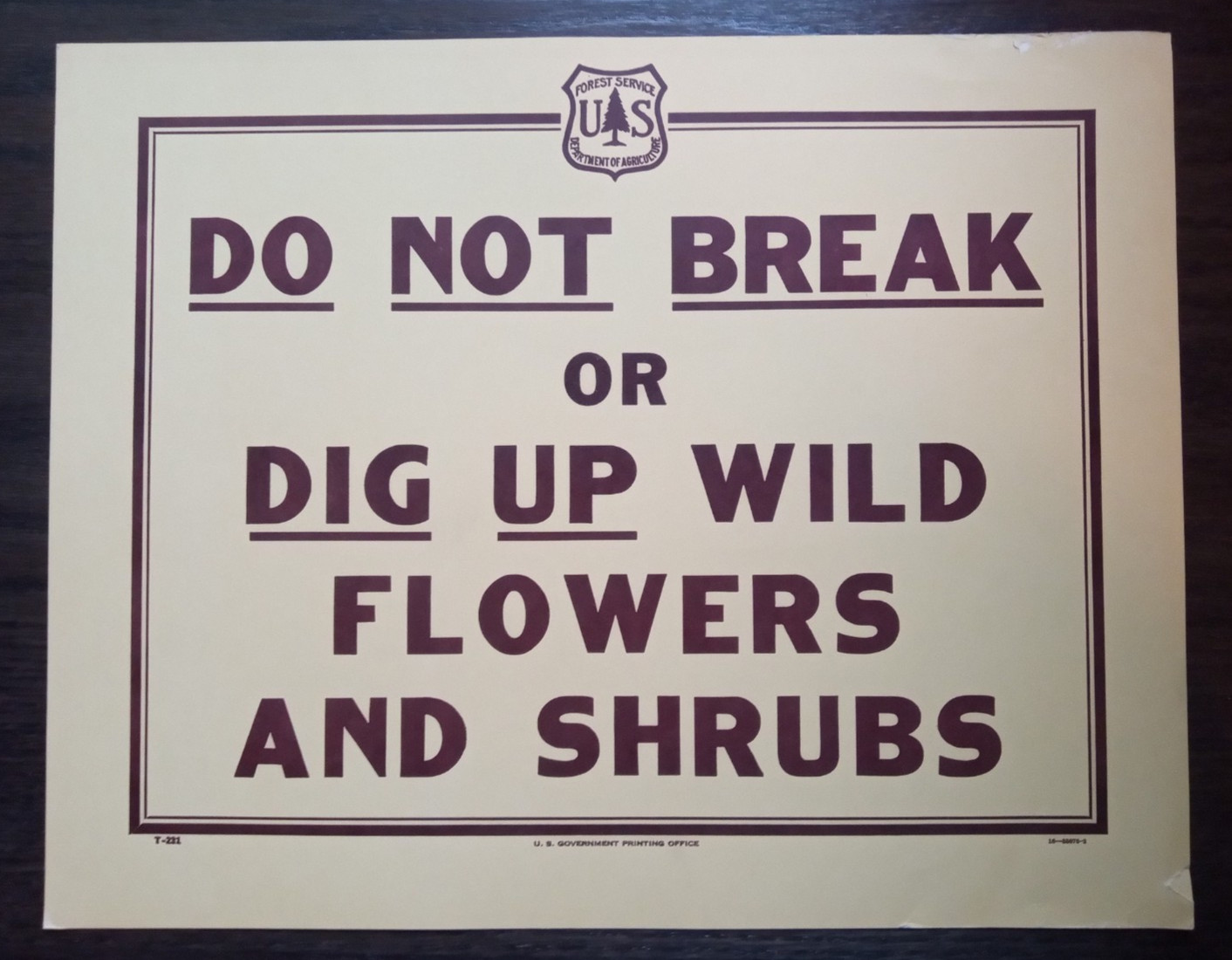 Vintage National Forest Service Paper Sign. “Do Not Break or Dig Wildflowers..”