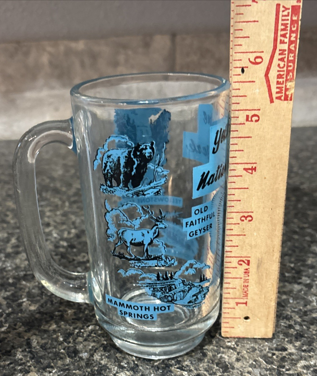 Vintage Blue and Black Yellowstone National Park Old Faithful Glass Mug souvenir