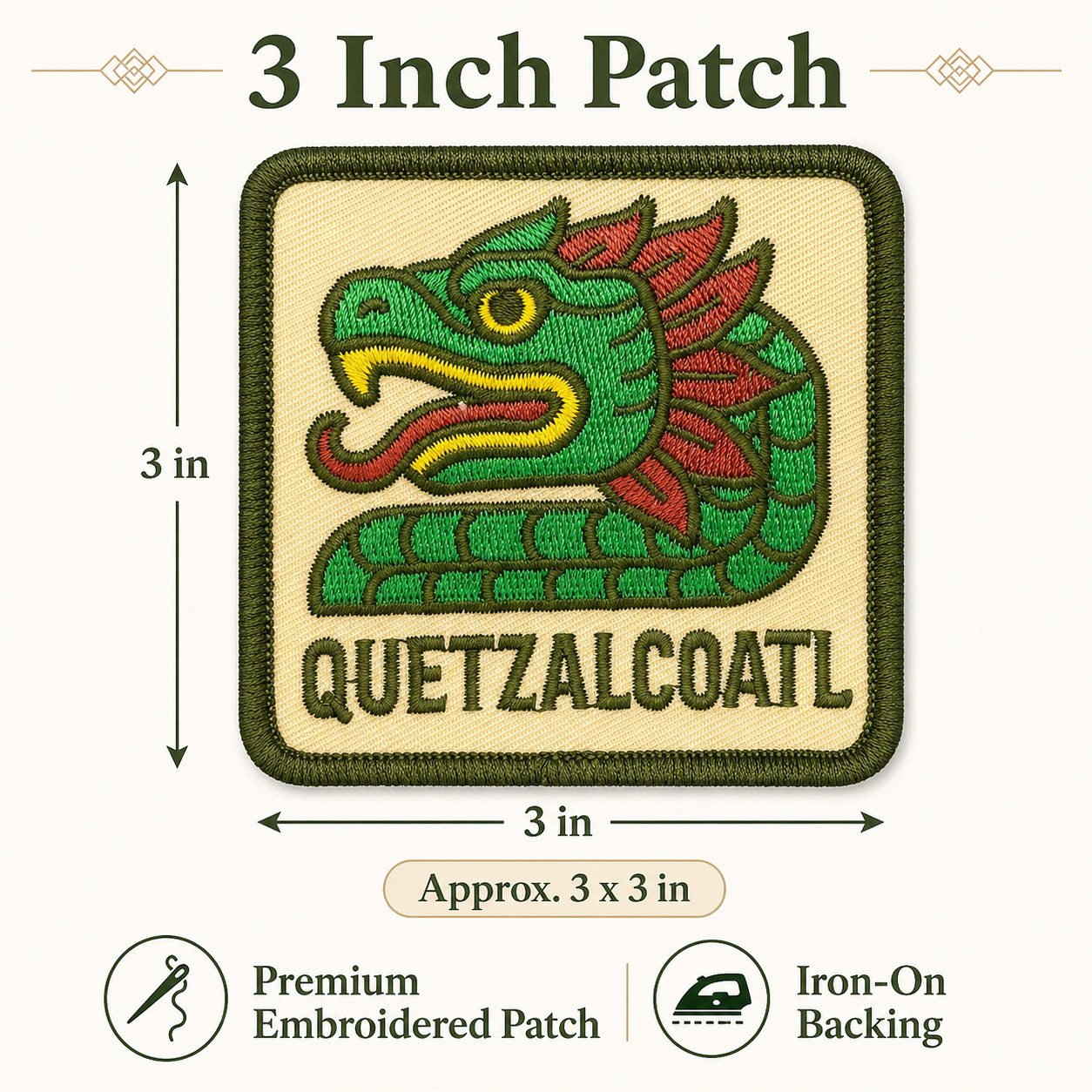 Quetzalcoatl Aztec Patch 3 Inch Iron On Embroidered Feathered Serpent Mexico