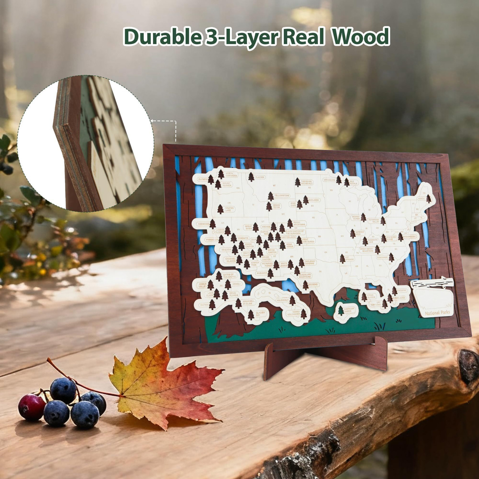 Wooden US National Parks Map Travel Tracker – 3-Layer 16.5 x 11″, Brown