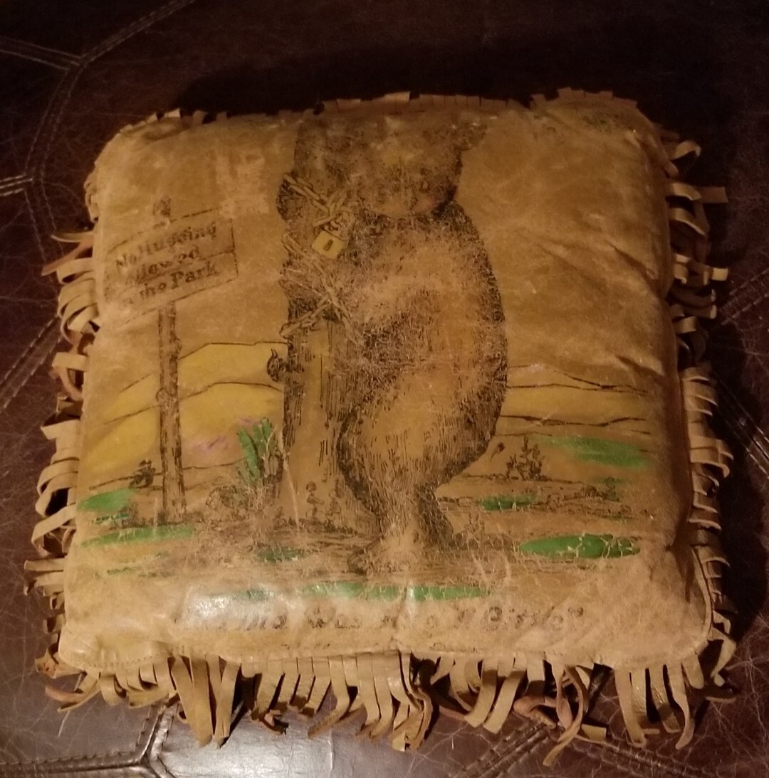 Antique YELLOWSTONE PARK Leather Souvenir Pillow Bear Hugging Tree – Fringe