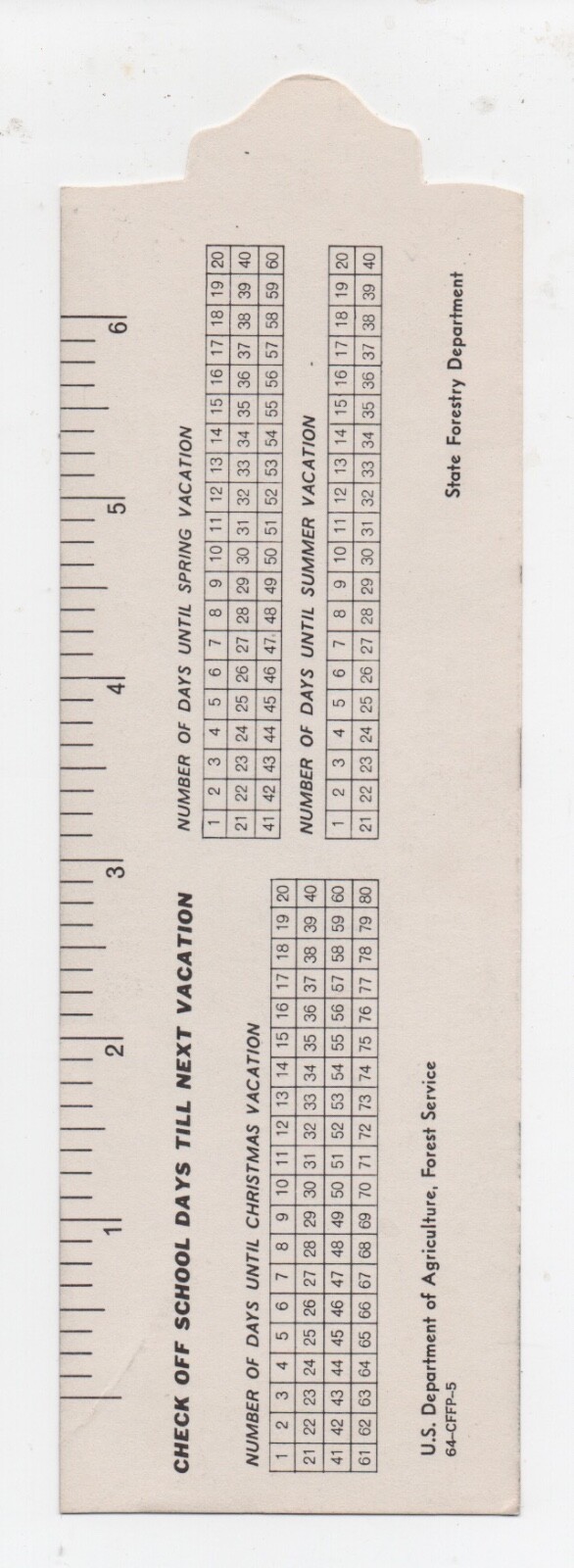 1964 US Forest Service Smokey the Bear Advertising Paper Bookmark / Ruler