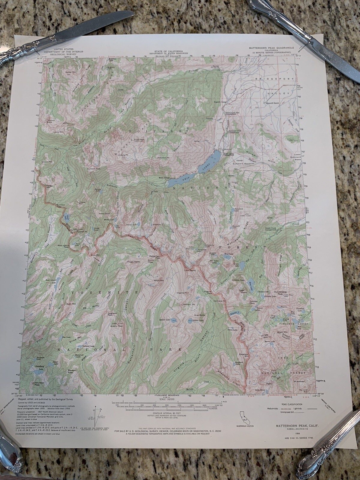 VTG 1956 Topographic Map Matterhorn Peak Yosemite, CA 21″ x 17″
