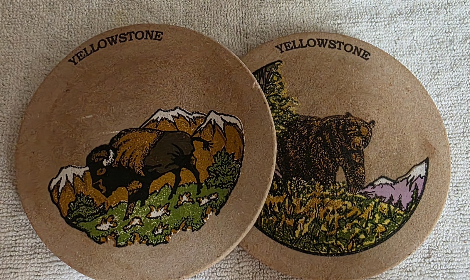 Set Of 2 Round Yellowstone National Park Bear & Bison Sandstone Coasters 4″