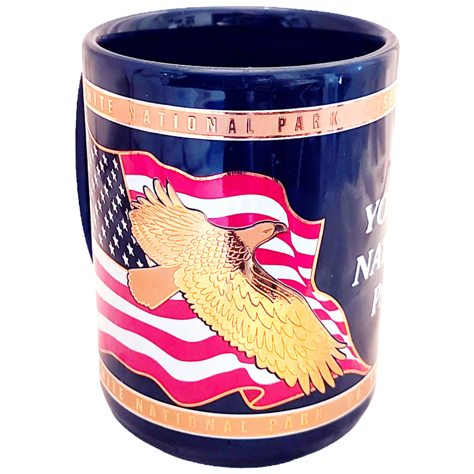 Yosemite National Park Cobalt Blue 24K Gold American Eagle Flag Coffee Mug Cup
