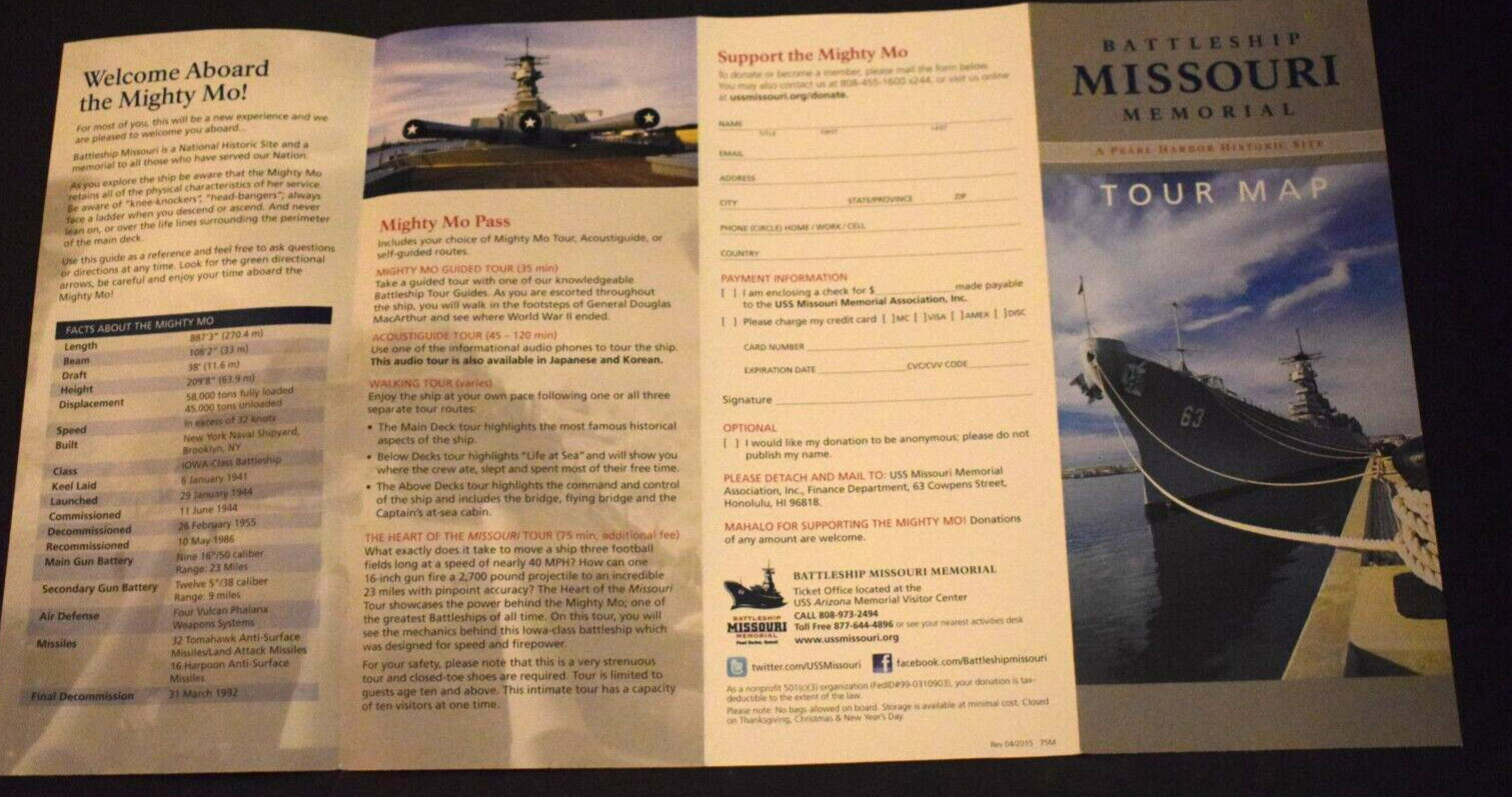 BATTLESHIP MISSOURI MEMORIAL “Tour Map,” Pearl Harbor (4″ x 9″ folded) Brand New