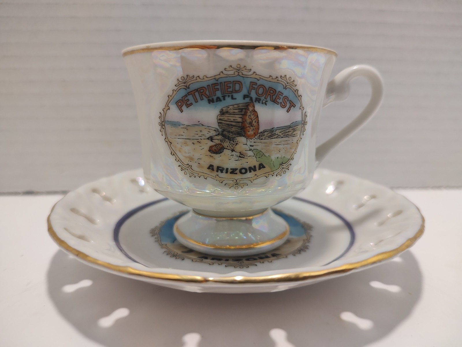 🔥 Vintage Petrified Forest Nat’l Park Souvenir Teacup & Saucer Pearlescent