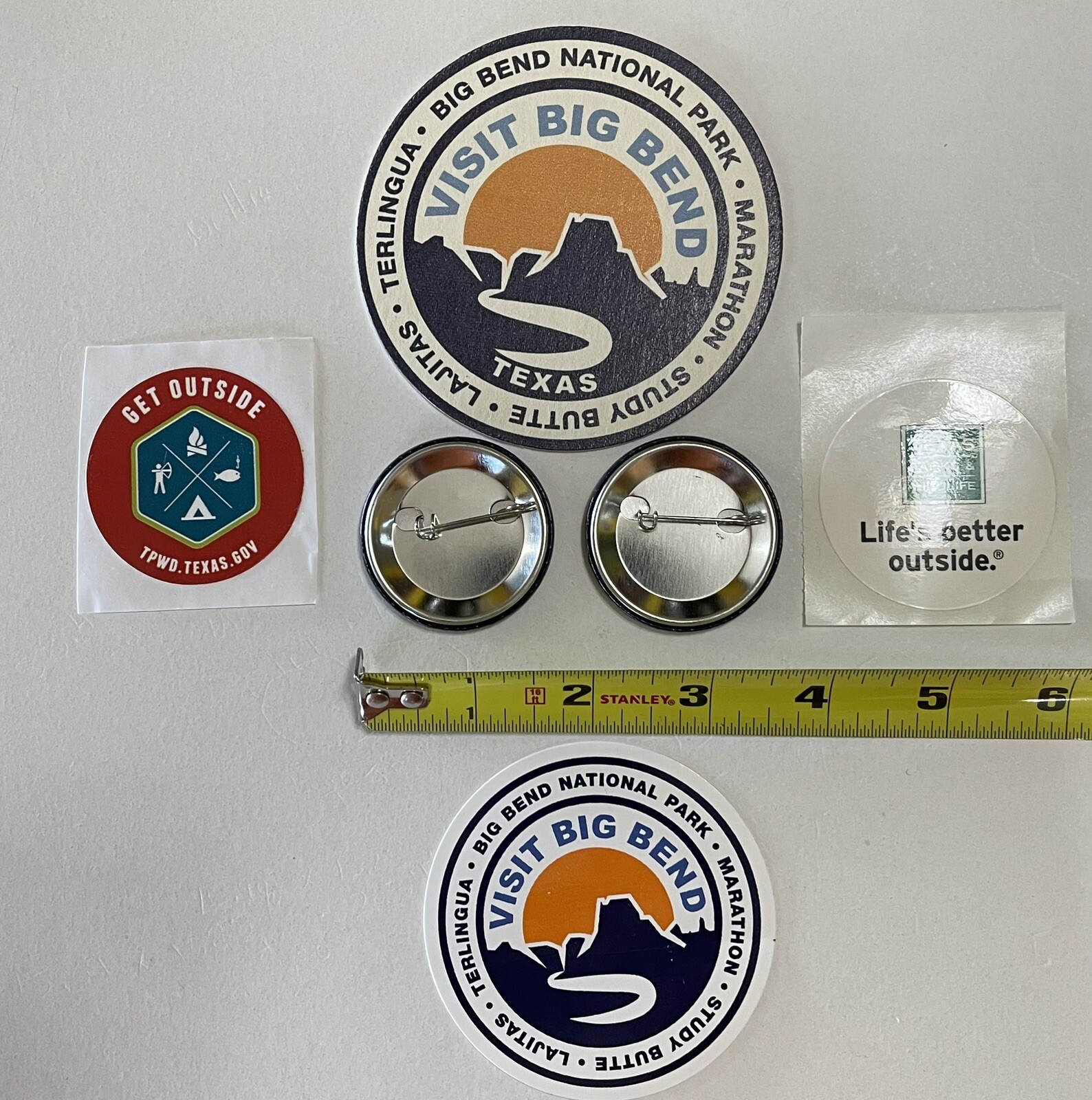 BIG BEND NATIONAL PARK Sticker, Pin-Back Buttons, Beer Coaster, 6 items included