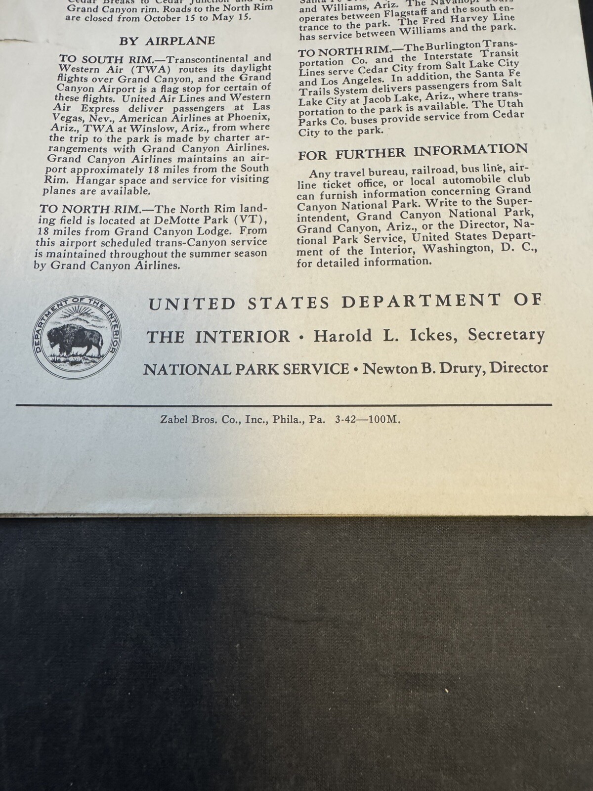 Vintage 1940’s Grand Canyon Arizona National Park Brochure Pamphlet Map Guide