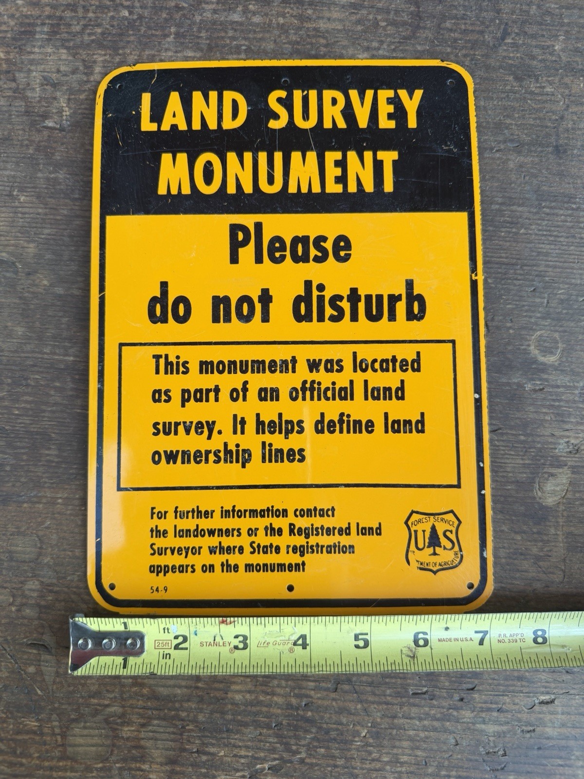 Vintage US Forest Service Land Survey Monument Sign 10″ x 7″. Nice