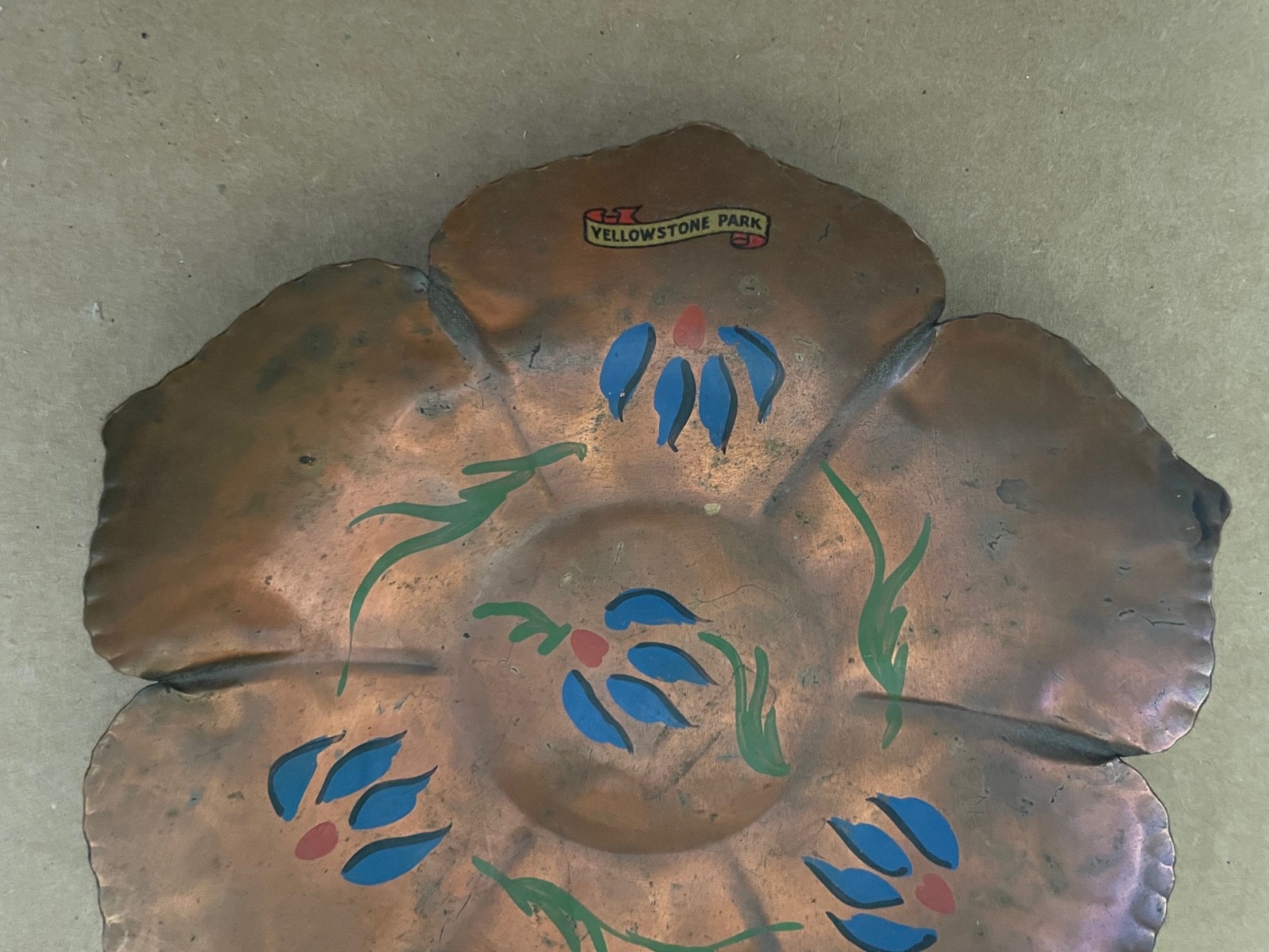 Vintage YELLOWSTONE Souvenir Copper Bowl Folk Art Painted Flowers Floral