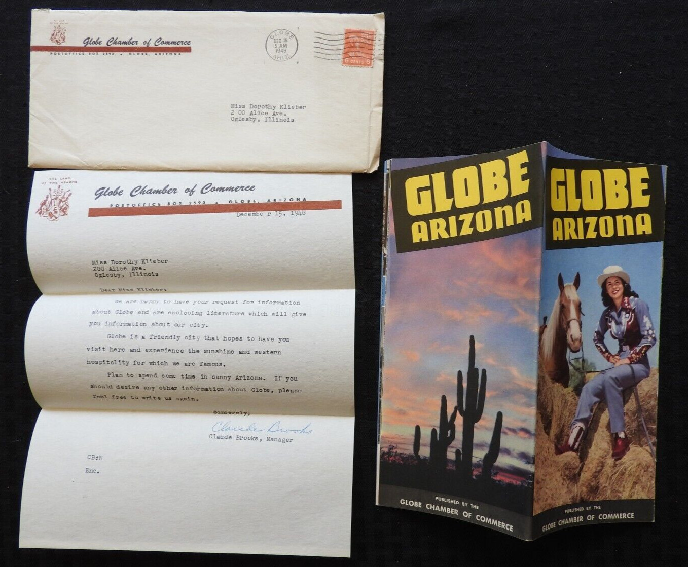 1948 Chamber of Commerce Globe AZ Visitor Packet Brochure Signed Letter Brooks