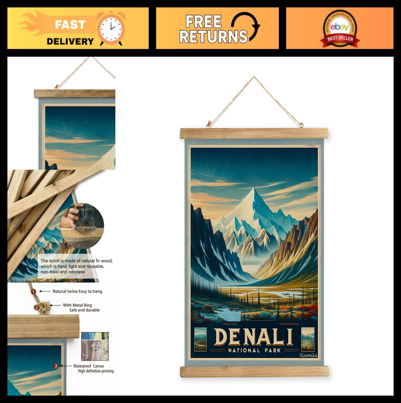 Vintage Denali National Park Travel Poster with Wooden Scroll Frame – Retro Wall