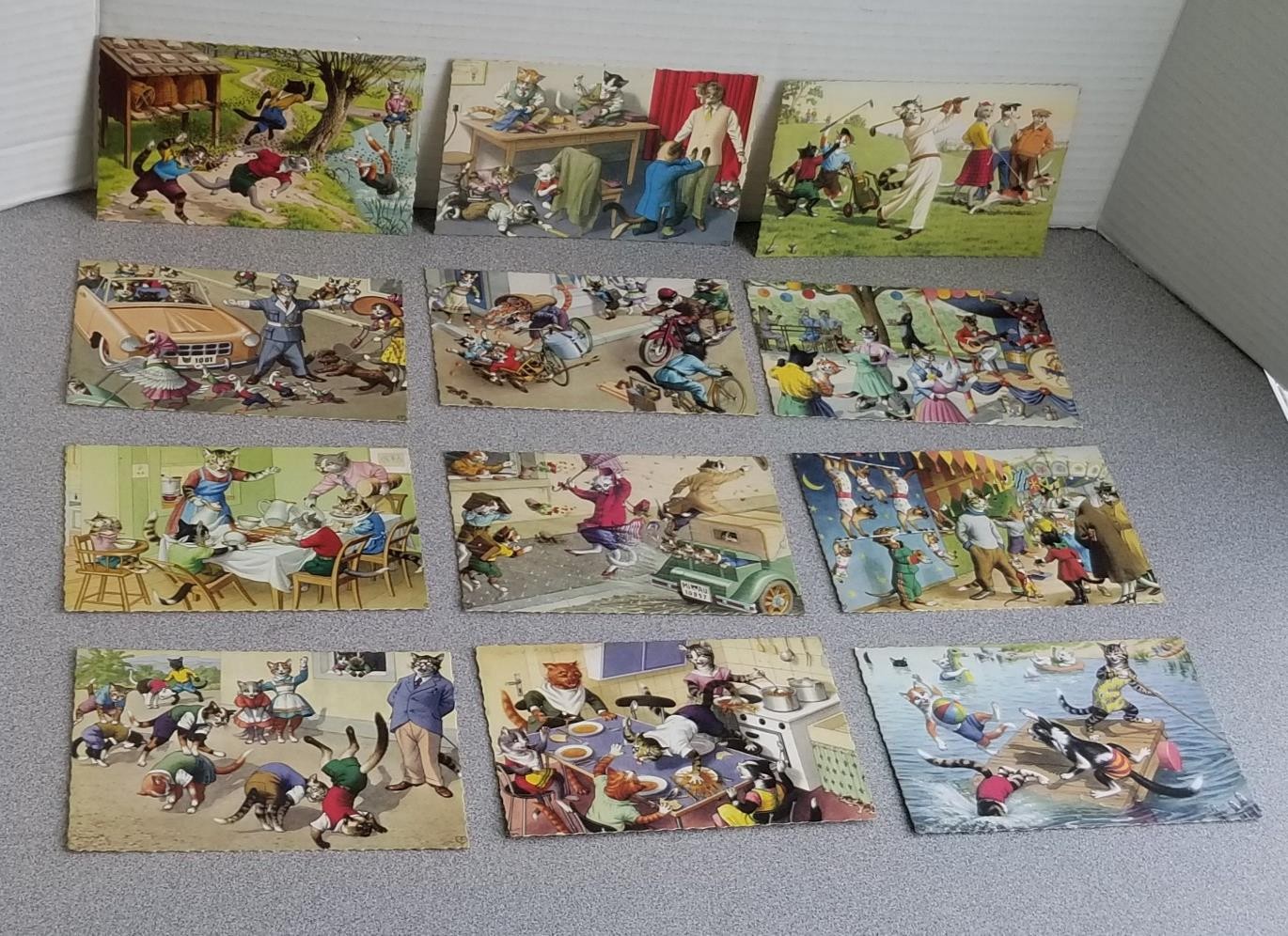 12-Vintage 1950s Alfred Mainzer Cat Deckle Edge Postcards Unused Up3