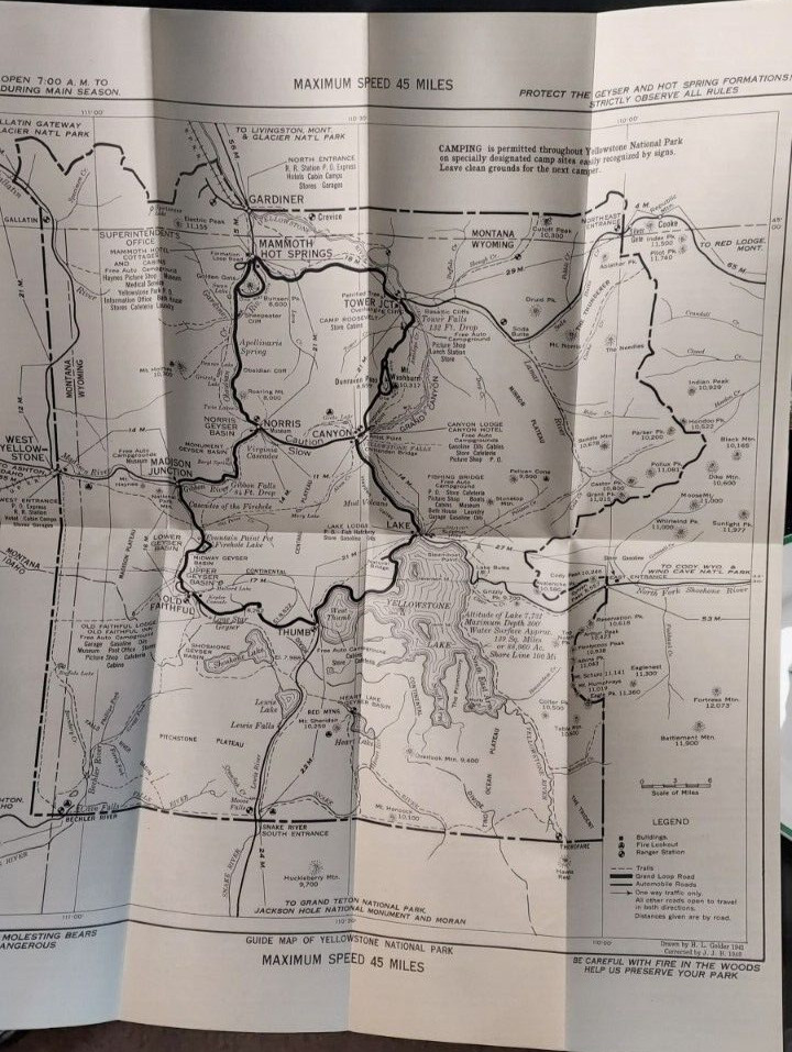 1949 Tourist Brochure Yellowstone National Park Map Falls Geysers Roads Trails