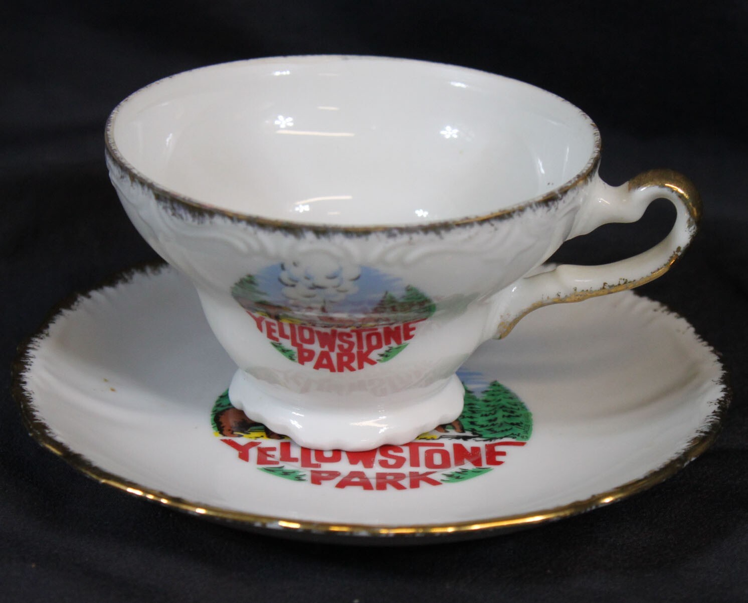 Vtg Yellowstone Park Cup Saucer Set Lot 2 Souvenir Jacob Karol Retro MCM 60s 70s