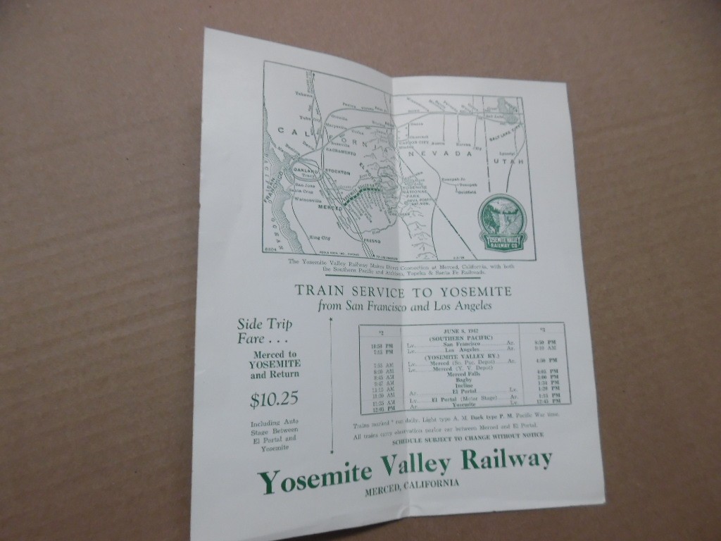 1942 Yosemite Valley Railway Timetable Californai WWII Era National Park Vintage